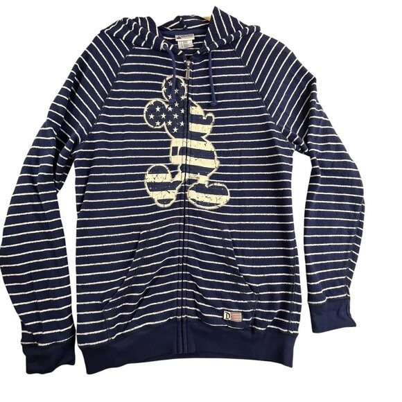 Disney Parks Hoodie Mens Medium Mickey American Flag Full Zip USA Striped Cotton - Picture 1 of 12